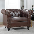 Leather Chair Living Room Single Sofa Medieval Retro Tufted Cushion Accent Sofa Chair with Rolled Arms and Nailhead Cigar Chair for Bedroom Office Apartment Club Chairs (Dark Brown)