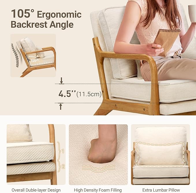 COLAMY Modern Accent Chair with with Solid Wood Frame Mid Century Reading Leisure Armchair Lumbar Pillow&amp Soft Cushion Relaxing Chair for Living RoomBedroomWaiting Room（Beige）