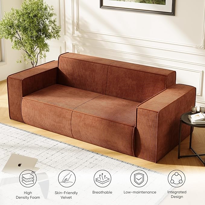 PUREMIND 3 Seater Corduroy Couch for Living Room 76 Modern Sofa in a Box No Installation &amp Easy to Transport Deep Seat Sofa with Wide Armrest Orange
