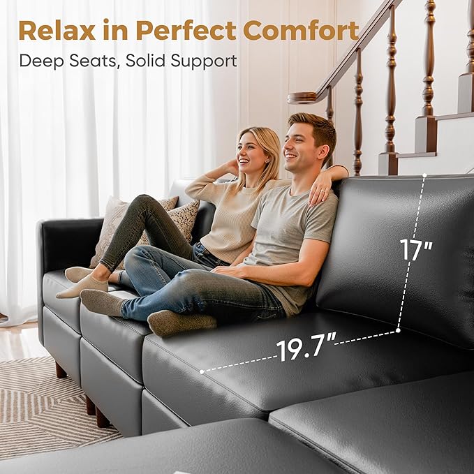 ABCASA Faux Leather Modular Sectional Sofa 118.5 L Shaped Couch Set for Living Room 5-Seater Comfy Cloud Couches with Movable Storage OttomanDIY Combination - Black