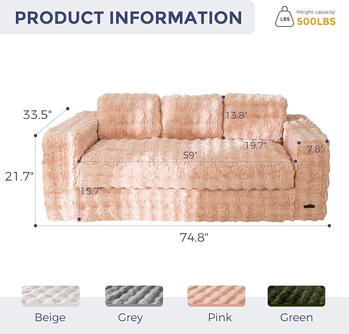 MAXYOYO 3-Seater Boneless Sofa Couch Modern Bubbled Sofa for Living Room Soft Bean Bag Chair High-Density Foam Couch with Pillows No Assembly Required