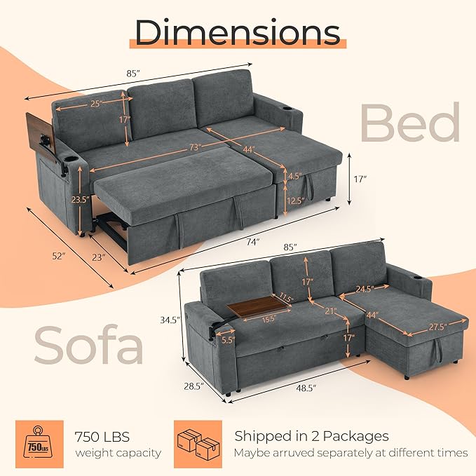 LED Sectional Sleeper Sofa with Pull Out Bed Convertible L Shaped Sofa with Storage Chaise Lounge Retractable Table USB Cup Holders Comfy 3-Seater Sleeper Couch for Living Room (Grey)