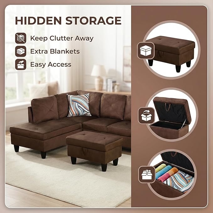 3-Piece L-Shaped Modular Leather Sofa – Convertible Sectional Couch with Movable Chaise &amp Storage Ottoman Multi-Scene Use for Living Room Apartment &amp Office Brown
