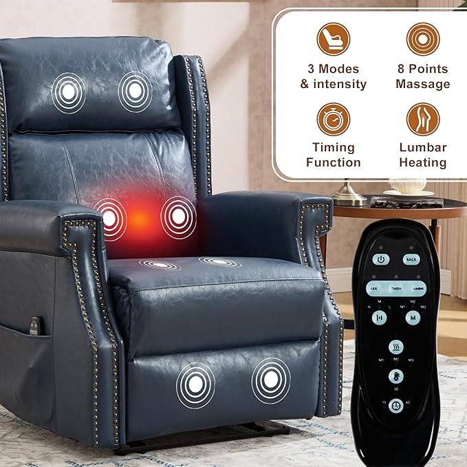 Manual Recliner Chair Faux Leather Push Back Recliners with Vibration Massage Lumbar Heat Living Room Single Sofa Reclining Rivet Design Chair Blue