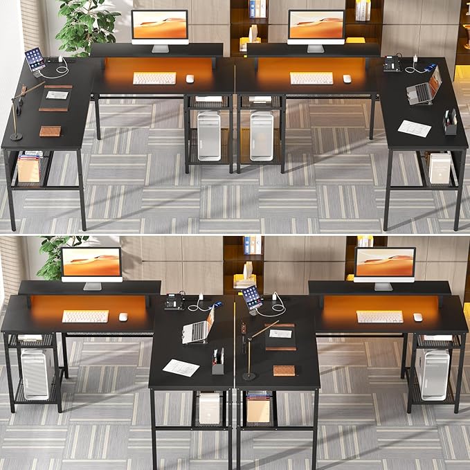 Unikito L Shaped Desk Reversible Corner Computer Desk with Magic Power Outlets and Smart LED Light Unique Grid Design 55 Inch Office Desk with Monitor Stand and Storage Shelf Black