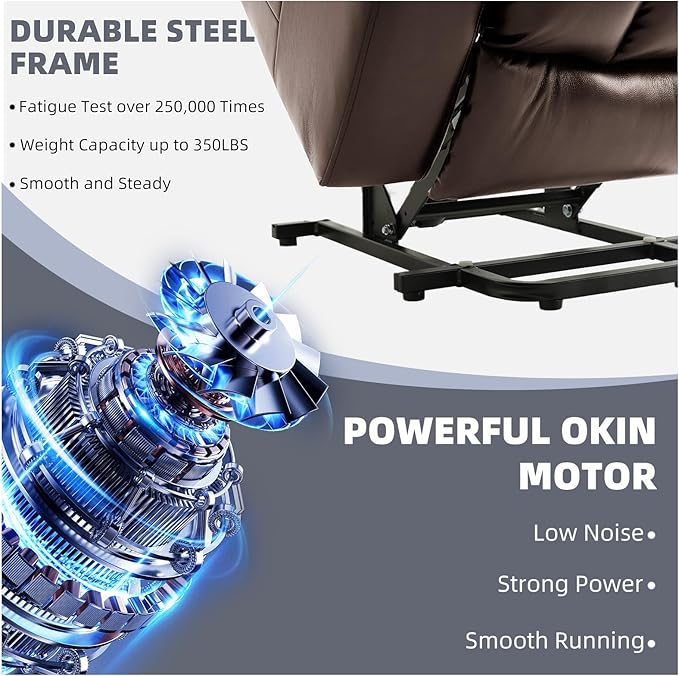 Power Lift Recliner Chair for Elderly Electric Recliner Chairs for Adults with Massage and Heat Cup Holders Remote Control Side Pockets USB Ports Leather (Brown)