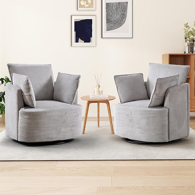 CANMOV Swivel Accent Chair Set of 2 360°Swivel Barrel Chair with 3 Pillows Comfy Corduroy Round Armchair Single Sofa Chair for Living Room Bedroom Reading Room Grey