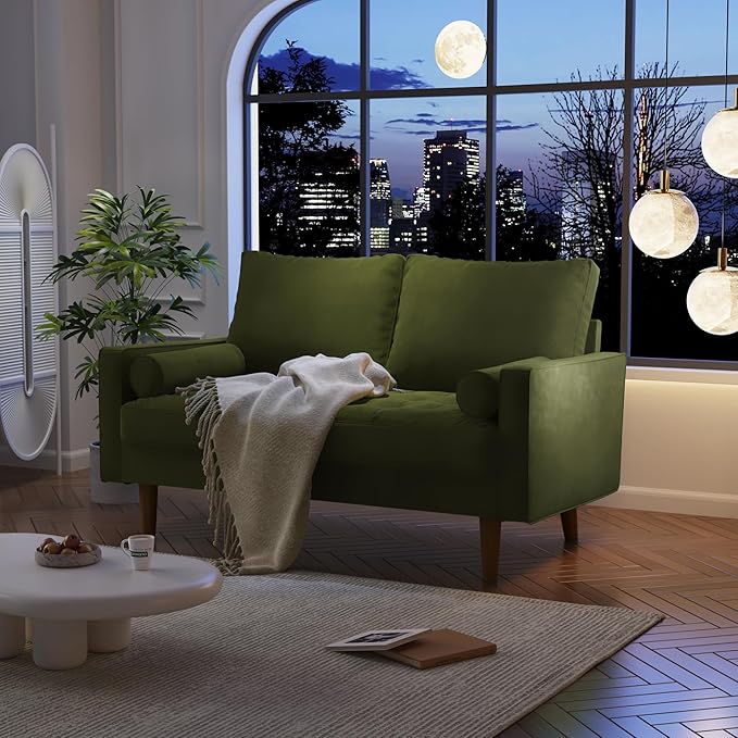 SILKIR Velvet Loveseat Sofa Love Seats Furniture for Small Spaces Mid-Century Modern Loveseats for Living Room Love Seat Couch 58 Inches Olive Green