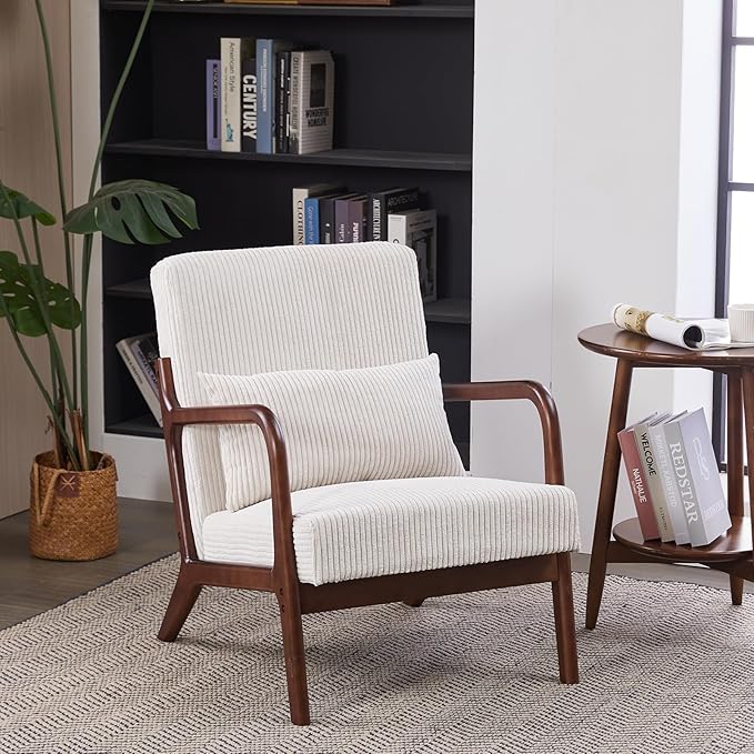 JOYBASE Mid Century Modern Accent Chair Lounge Reading Armchair with Wood Frame for Living Room Office Bedroom (Polyester Fabric Antique Beige)