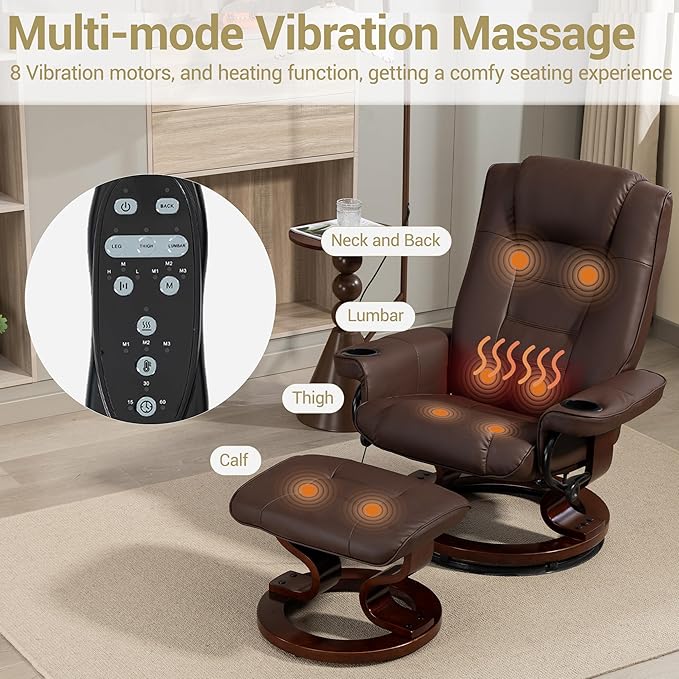 8-Point Massage Recliner with Heated PU Leather &amp Ottoman Sturdy Solid Wood Base Lounge Chair for Living Room and Bedroom Brown