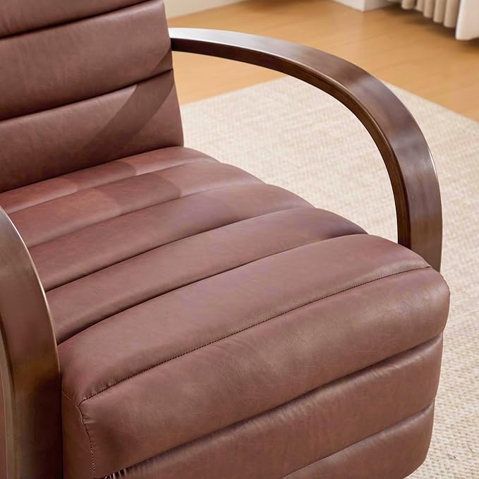 KEIKI 30.3 Upholstered Swivel Accent Chair with Solid Wood Armrests Comfy PU Lounge Single Sofa Chair 360° Swivel Armchair Sofa Chairs for Living Room Bedroom Office Brown