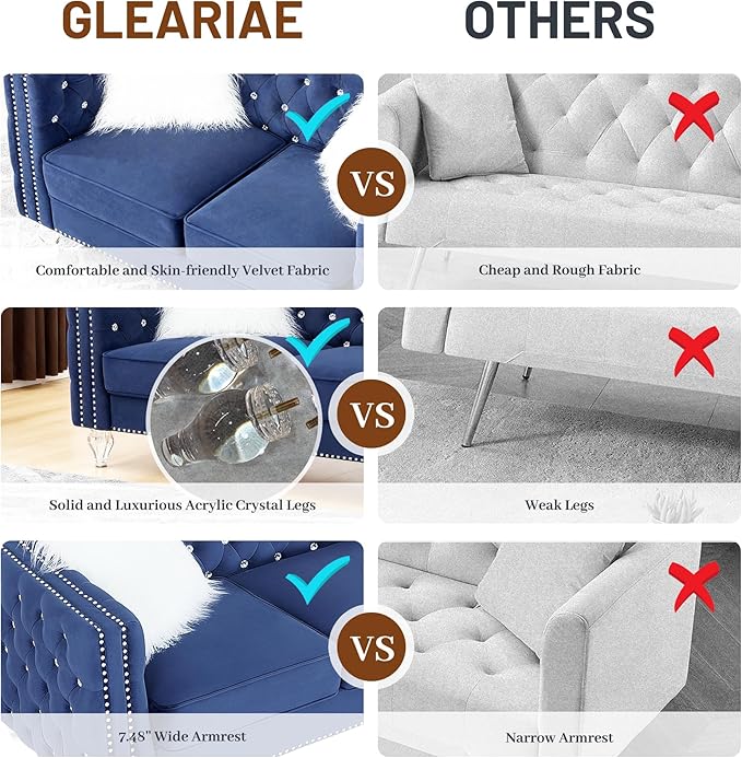 Luxury Chesterfiled Sofa Couch Set of 2 for Living Room2PC Modern Diamond Button Tufted Sofas with Acrylic Crystal Legs2 Piece Couches Set with Silver Nailhead Trim (Blue 2PC Sofa Set)