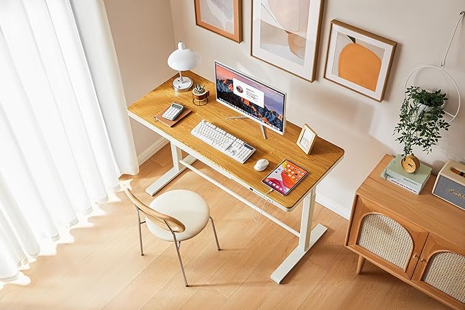 KINGSMITH 55x24 Inches Whole Piece Electric Standing Desk with Drawer Height Adjustable Stand up Desk for Home Office Ergonomic Sit to Stand Desk Computer Workstation Origin Wood