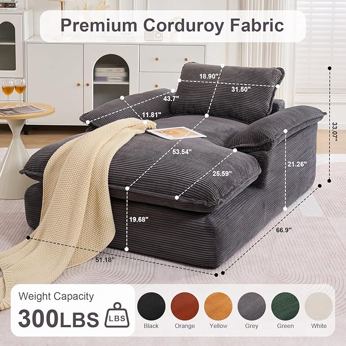 GNIXUU 67 Oversized Chaise Lounge Chair Indoor Corduroy Upholstered Boneless Sleeper Sofa Bed Comfy Large Reading Chair with Wide Armrests Plush Cloud Couch for Living Room Bedroom Gray