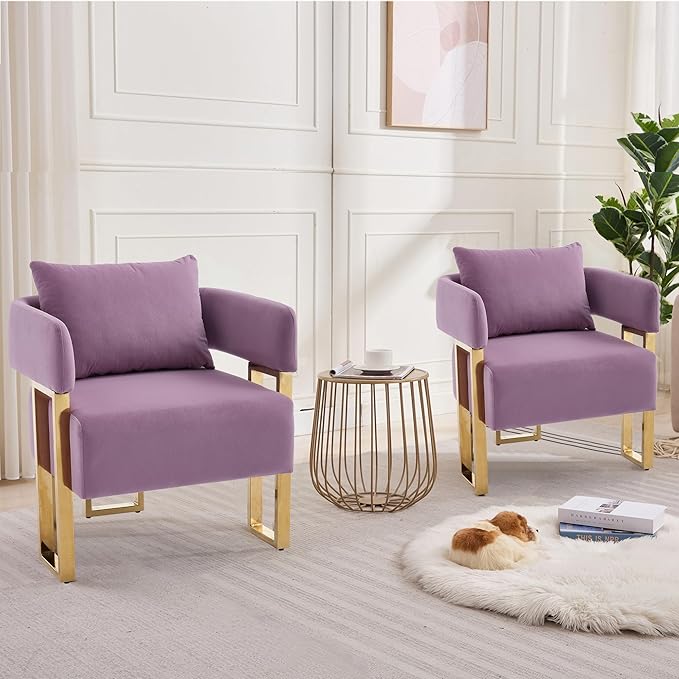 YISHENG Modern Barrel Accent Chairs Set of 2 Living Room Side Chairs with Golden Metal Legs Velvet Upholstered Reading Armchairs no Wheels for Vanity/Reception Room//Bedroom/Lounge/Office Purple