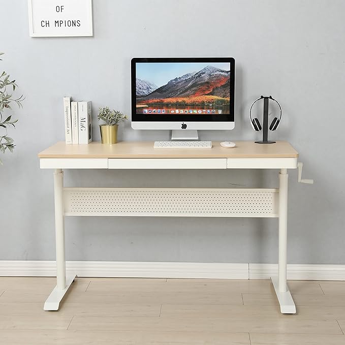 (Maple Tabletop) 48 x 24 InchesStanding Desk with Metal Drawer Adjustable Height Stand up Desk Sit Stand Home Office Desk Ergonomic Workstation