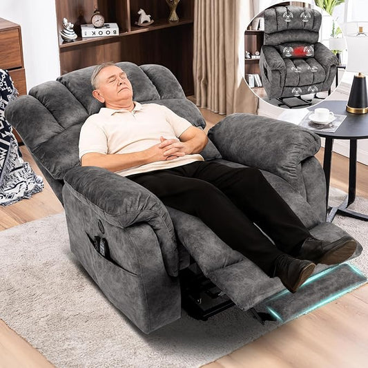 MEETWARM Large Dual Motor Power Lift Chair with Extended Footrest for Big Tall Elderly Infinite Position Lay Flat Lift Electric Recliner Heat Massage Lumbar Pillow USB &amp Type-C Ports Plush Gr