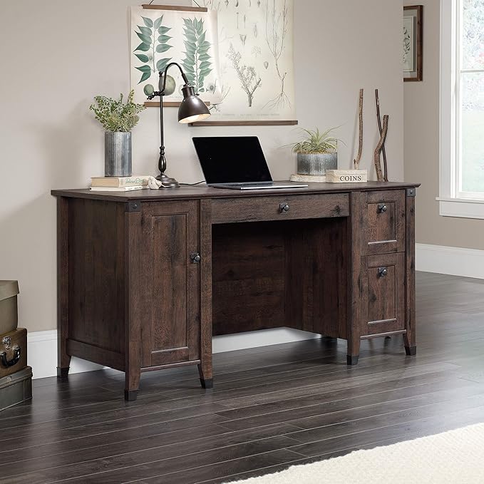 Sauder Carson Forge Rustic Vintage Computer Desk with Drawers Storage in Coffee Oak finish