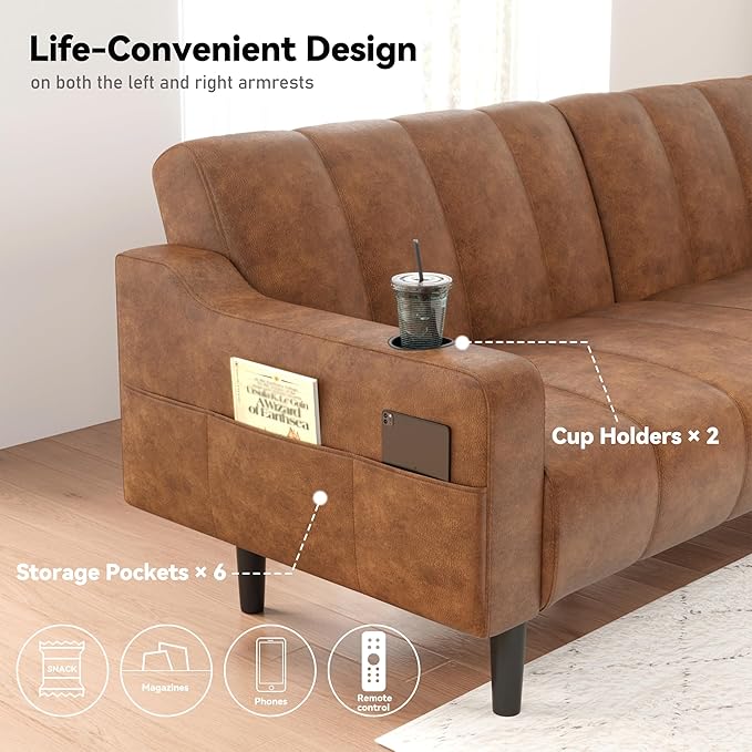 80'' Futon Sofa BedFaux Leather Futon Sleeper Sofa Convertible Loveseat with Adjustable Sofa BackrestModern Couches for Living Room Bedroom Apartment Office (Dark Brown)
