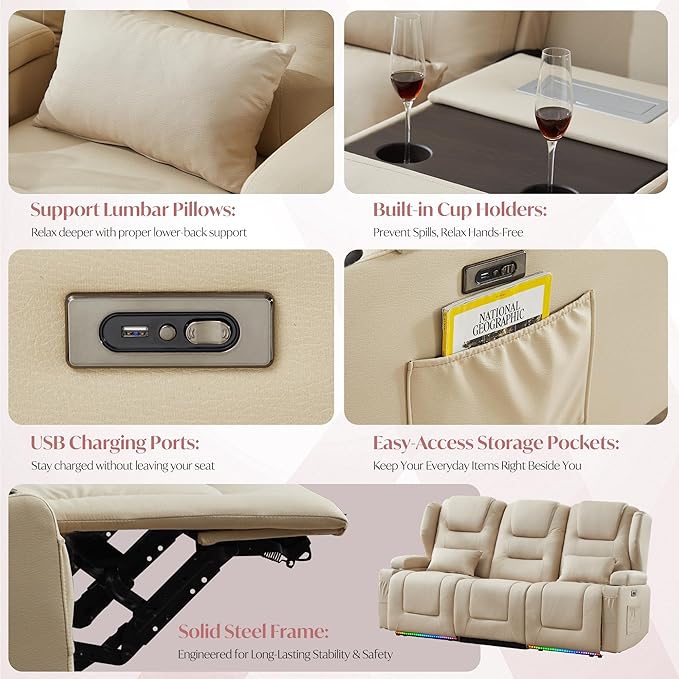 Power Loveseat Recliner SofaReclining Loveseat RV Recliners with Speaker/USB Ports/LED LightsPower Recliner Loveseat Sofa with Cup Holders for Living Room (Beige 3-Seater)