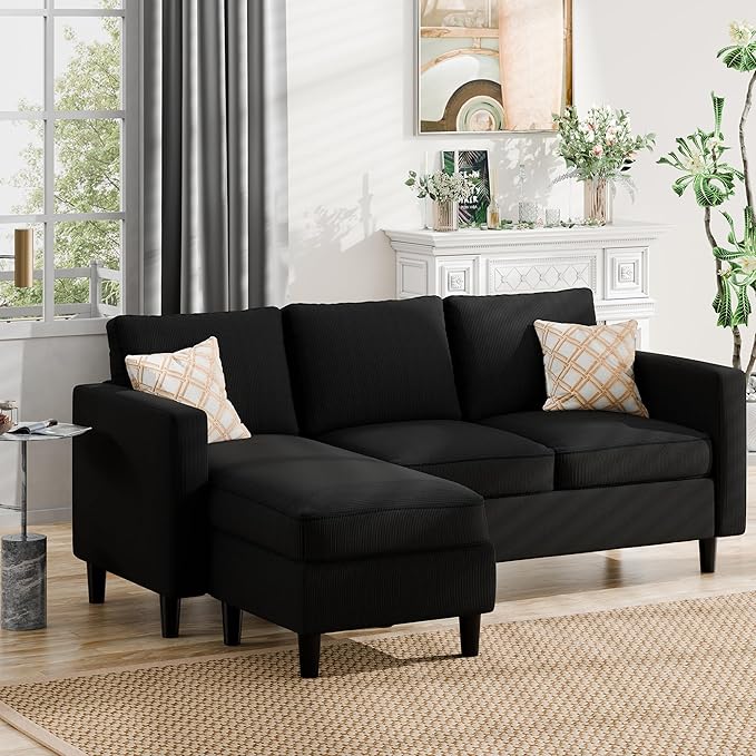 JAMFLY Sectional Sofa Couch Convertible L Shaped Sofas with Ottoman Small Sectional Couches for Living Room 3 Seater Couch for Small Spaces Black