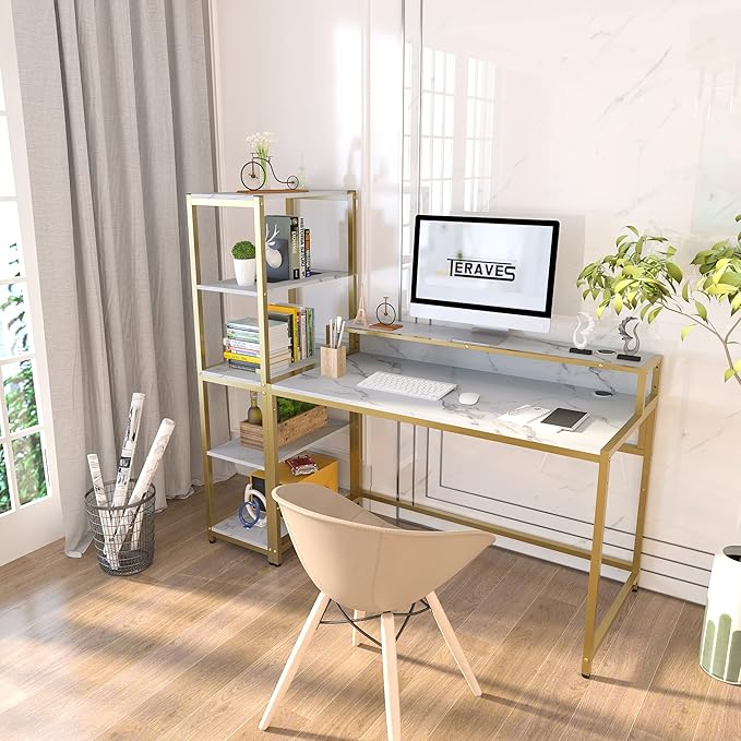 Teraves Computer Desk with 5 Tier ShelvesReversible Writing Desk with Storage 49 Inch Study Table for Home Office Independent Bookcase and Desk for Multiple Scenes (White Marbling+ Gold Frame)