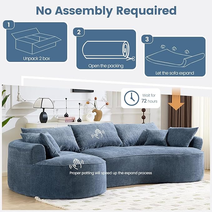 126” Oversized Curved Sectional Sofa L Shaped Chenille Boneless Couch with Deep Seat &amp 7 Pillows for Living Room Bedroom No Assembly Required (Blue)
