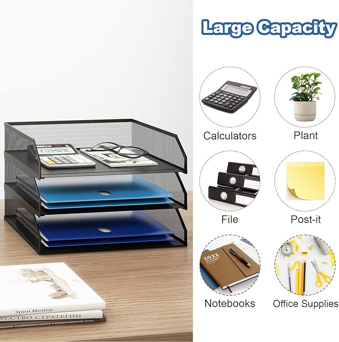 Natwind 3-Tier Stackable Paper Tray Metal Mesh Desktop Organizer A4 Paper Sorter Letter TraysFile Folder Sorter Organizer with Sliding Tray for Home Office School (Black)
