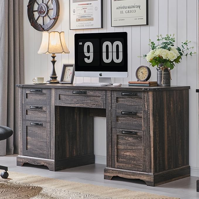 RedLemon 60 Farmhouse Executive Desk Home Office Desk with Drawers Charging Station Keyboard Tray File Drawer Storage Cabinet Wood Rustic Computer Writing Desk (Dark Rustic Oak)