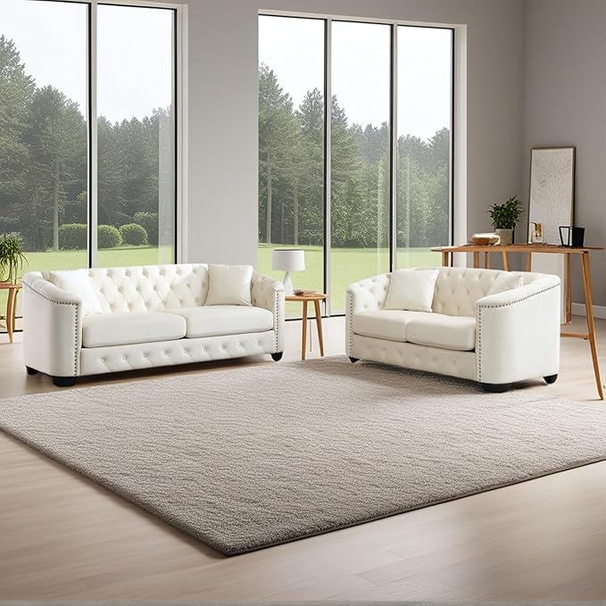 2 Piece Modern Chesterfield Velvet 77 3-Seater + 59 Loveseat Sofa Set Upholstered Tufted Backrests with 8 Nailhead Arms and 4 Cushions for Living Room (Beige 77 3-Seater + 59 Loveseat Sofa Set)