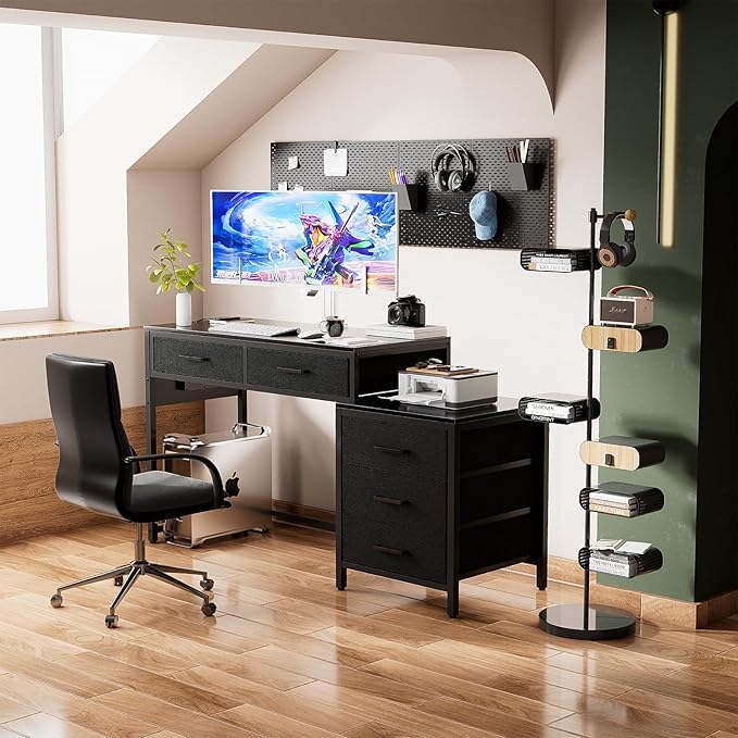 Unikito Reversible Computer Desk with 5 Drawers Sturdy Office Desk with Power Outlets and USB Ports Corner Writing Table with File Cabinet &amp Printer Stand Vanity Desk with Storage Black