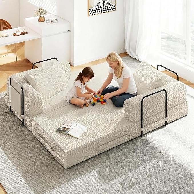 78'' Sleeper Couch Bed for Living Room Convertible Modular Sofa with Fixed Frame &amp Side Pocket Corduroy Futon Boneless Couches in a Box No Assembly Beige