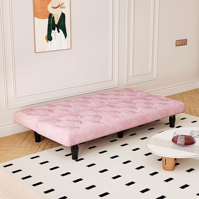 72 Pink Velvet Futon Couch Living Room Couch Bed Convertible Sleeper Sofa Bed with Cup Holder for Bedroom Guest Bed 2 Seater Reclining Sofas Couches with Nailhead Trim for Small Space (Pink New)