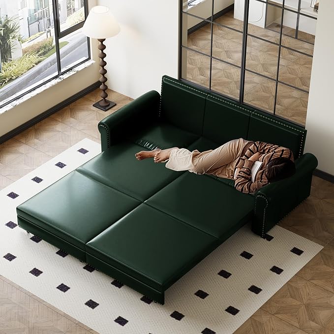 93.7 Faux Leather Convertible Sleeper Sofa 3 in 1 King Size Pull Out Sofa Bed Oversized Loveseat Couch for Living Room Bedroom Lake Green