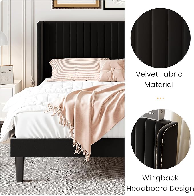 SHA CERLIN Queen Size Velvet Bed Frame with Vertical Channel Tufted Wingback Headboard Upholstered Platform Bed with Wood Slats No Box Spring Needed Easy Assembly Black