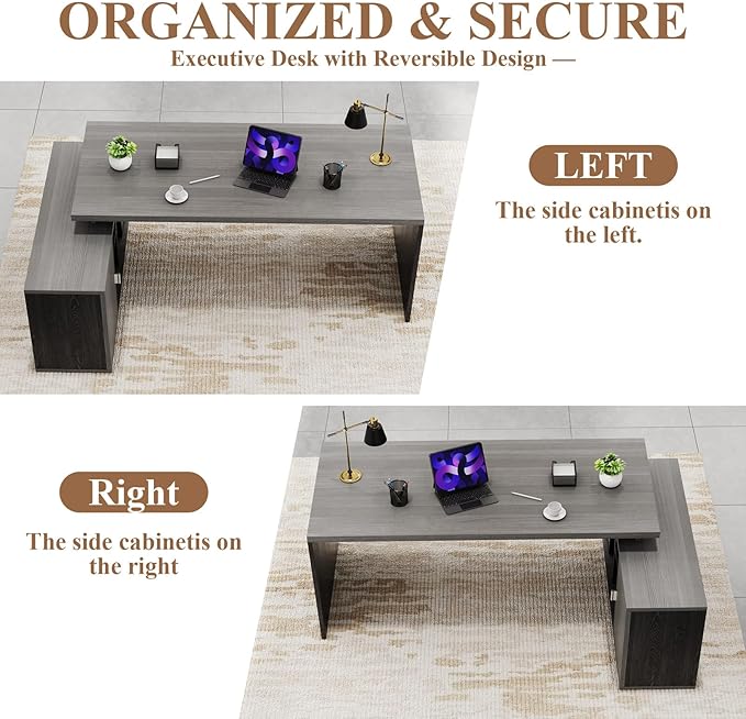 70.8 L-Shaped Executive Desk with File Drawers and Storage Cabinet Modern Large Office Desk Computer Workstation Gray Oak &amp Black Walnut (Gray Oak &amp Black Walnut 70.87IN)