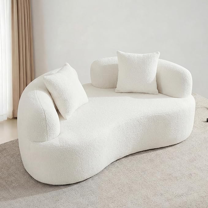 67”Curved Loveseat for Living Room Deep Seat Cloud Loveseat with 2 Throw Pillows Modern Loveseat Adopt Teddy Fabric for Small Spaces The Love Seat Couch No Assembly Needed White Loveseat