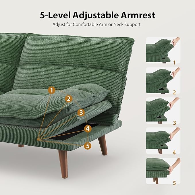 Pipishell Futon Sofa Bed Convertible Futon Adjustable Backrest &amp Armrests Corduroy Sleeper Couch for Small Spaces Living Room Office Guest Room (Moss Green 66 Inch)