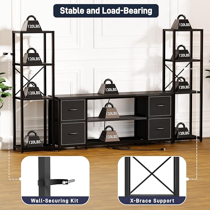 LED TV Stand 60 Inch for Living Room with Charging Station Farmhouse Entertainment Center with 2 Industrial Bookshelves Modern Console Cabinet with Storage Drawers (Black)