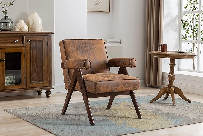 Generic Leisure Chair with Solid Wood Armrest and Feet Mid Century Modern Accent Chair for Living Room Bedroom Studio Chair Coffee