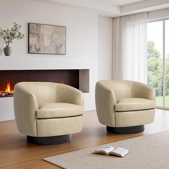 Faux Leather Swivel Barrel Chairs Set of 2 Modern Round Swivel Accent Chair with 360° Rotation Upholstered Armchair Club Chair for Living Room Bedroom Office (Cream)