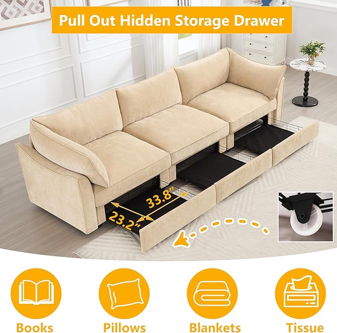 Aoowow Modular Sectional Sofa with Pullout Storage Seat 112.6” Chenille Comfy 3-Seat Sofa Couch Upholstered Deep Seat Couches with Armrests for Living Room Apartment OfficeWheat