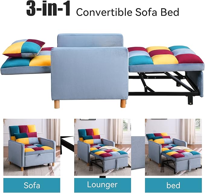 Sleeper Sofa Bed 3-in-1 Convertible Chair Bed Multi-Functional Sleeper Chair Soft Teddy Fabric for Living Room Apartment Office (Color-Velvet)