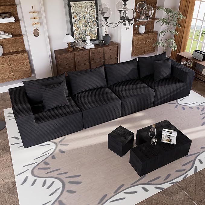 Modular Sectional Sofa Deep Seat Cloud Couch with Throw Pillows Fluffy Comfy Boneless Couch Freely Convertible Memory Foam Sofa for Living Room Apartment Bedroom (Black 4 Seater)