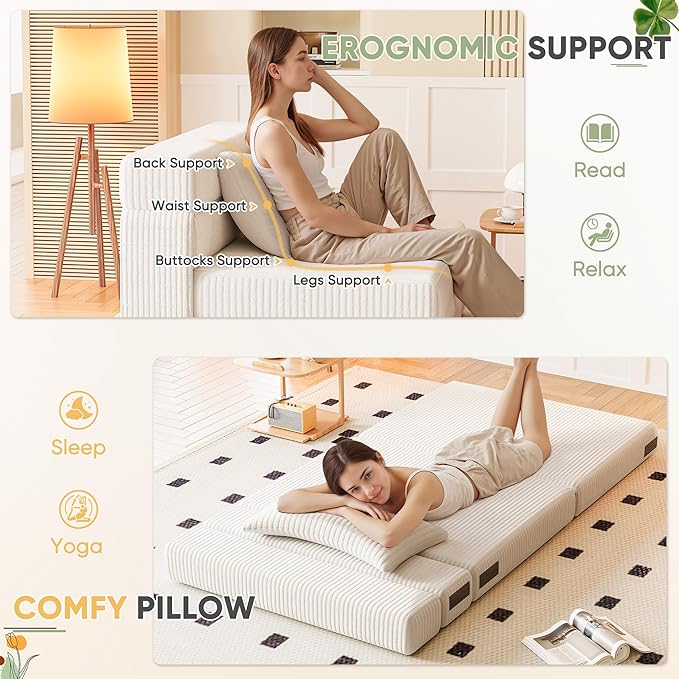 Homall Folding Sofa Bed Floor Couch Convertible Sleeper Chair with Pillow Comfy Futon Lounge Sofas Portable Fold Out Chair Bed for Living Room Small Space (Corduroy Cream)
