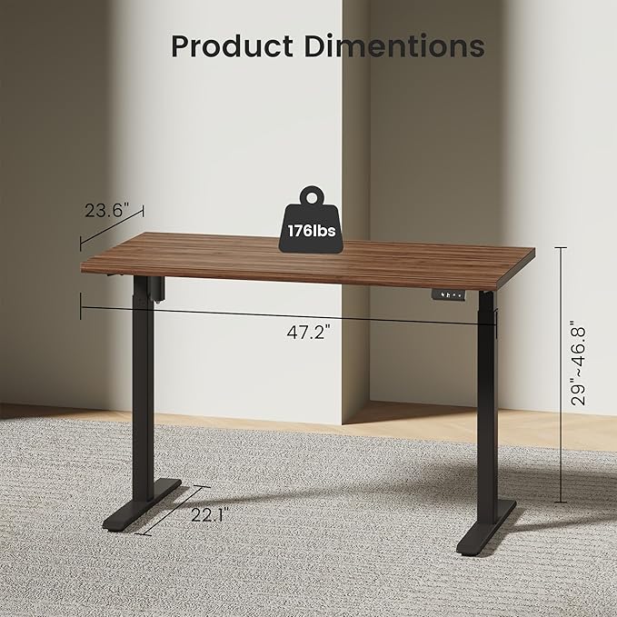 47 Electric Standing Desk Height Adjustable Stand Up Desk with Multiple Functions Standing Desks for Home and Office Adjustable Desks Office Table Black Walnut