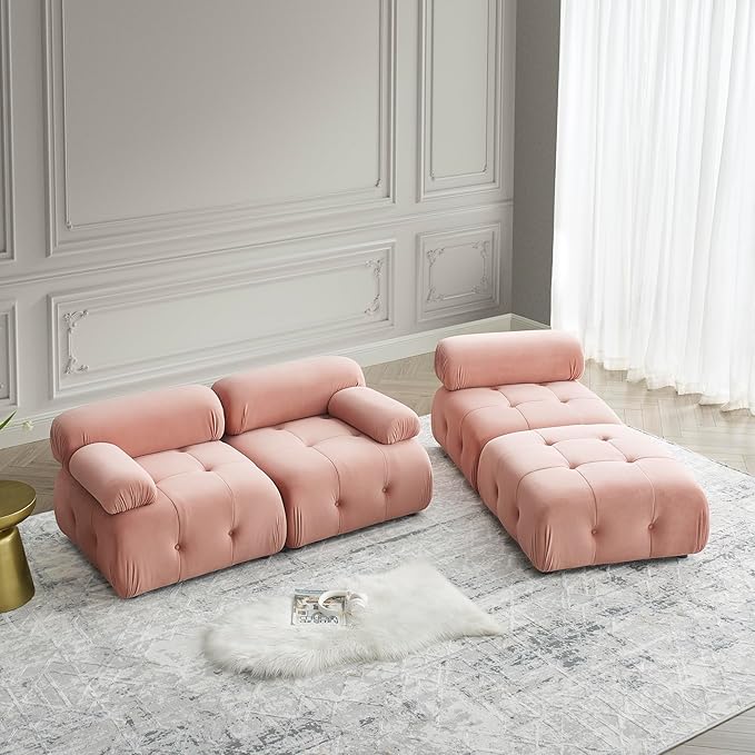 Modular Sectional Sofa 93 Velvet Sectional Cloud Couches for Living Room Modern L-Shaped Sofa DIY Combination Reversible Chaise for Bedroom Apartment Office (Pink Velvet)