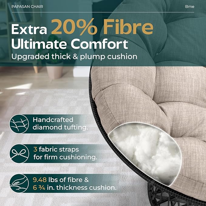 Bme 40 Ergonomic Wicker Papasan Chair with Soft Thick Cushion &amp Frame 360° Swivel Papasan Chair Circle Chair Reading Chair Chair for Living Room Bedroom Silver Cloud - Black Frame