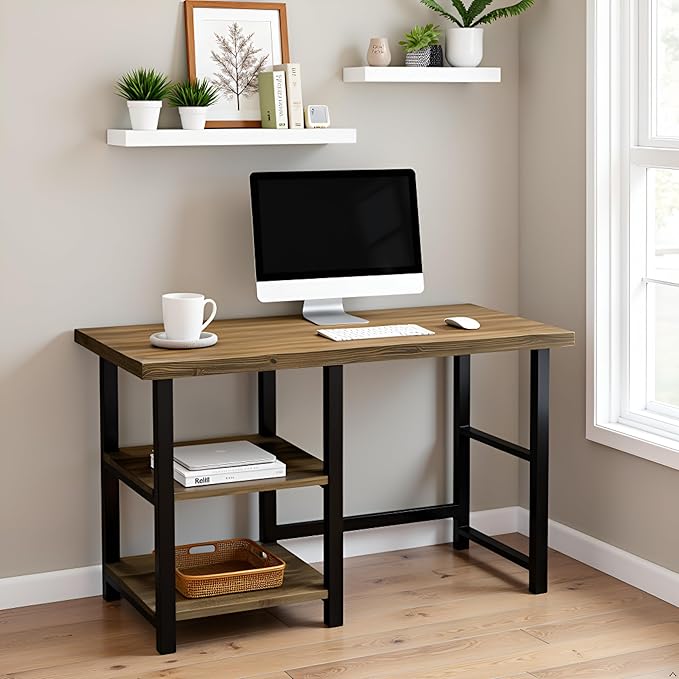 Alaterre Furniture Pomona 48-Inch Industrial Study Desk with Solid Pine Wood Top 2 Open Shelves and Metal Frame – Writing Desk with Floor Levelers for Home Office Bedroom or Dorm (Natural Finish)