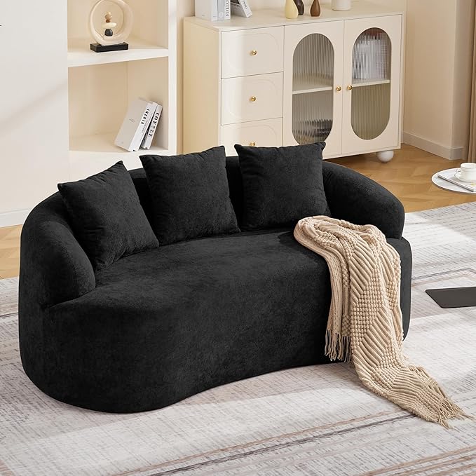 65 Boneless Curved Loveseat Sofa Deep Seat Love Seat Couches Modern 2 Seater Curved Couch with 3 Throw Pillows Compressed Floor Sofa for Living Room Small Spaces No Assembly Black